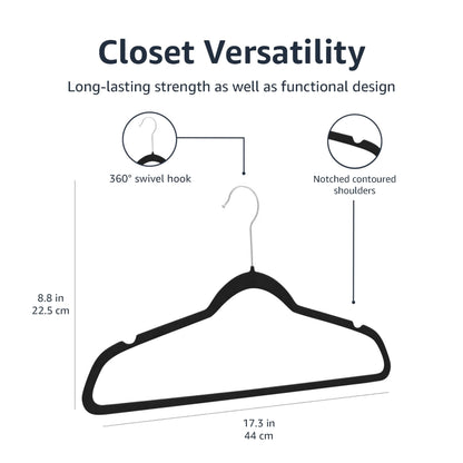 Amazon Basics Slim Velvet Non-Slip Suit Hangers - Pack of 50, Black