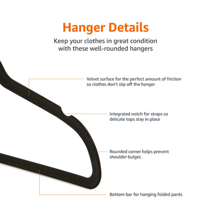 Amazon Basics Slim Velvet Non-Slip Suit Hangers - Pack of 50, Black