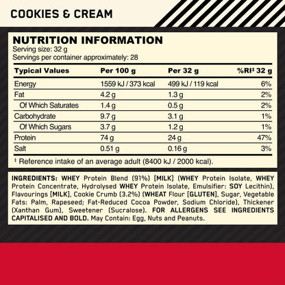 Optimum Nutrition Gold Standard 100% Whey Protein, Muscle Building Powder With Naturally Occurring Glutamine and BCAA Amino Acids, Cookies and Cream Flavour, 28 Servings, 896 g