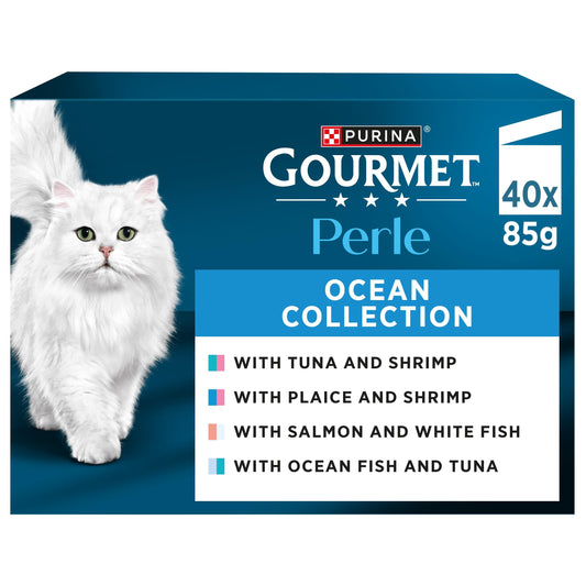 GOURMET Perle Ocean Collection Adult Wet Cat Food Mini Fillets in Gravy Tuna, Shrimp, Plaice, Salmon, White fish, Ocean Fish 40 x 85g Pouches