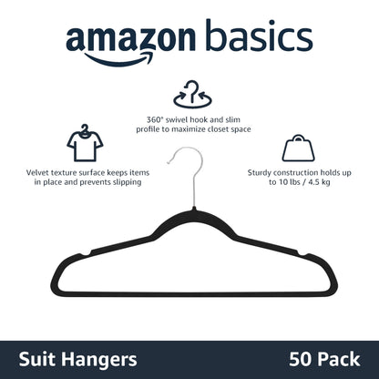 Amazon Basics Slim Velvet Non-Slip Suit Hangers - Pack of 50, Black