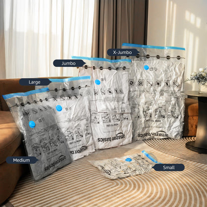 Amazon Basics Vacuum Compression Zipper Storage Bags with Airtight Valve and Hand Pump, Large, 5-Pack, Clear