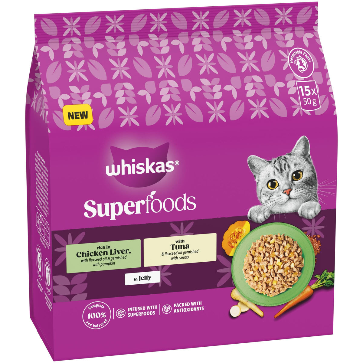 WHISKAS SUPERFOODS Adult Wet Cat Food in Jelly 15x50g Mixed